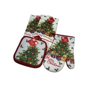 christmas house kitchen set 2 towels 2 pot holders 1‎ oven mitt